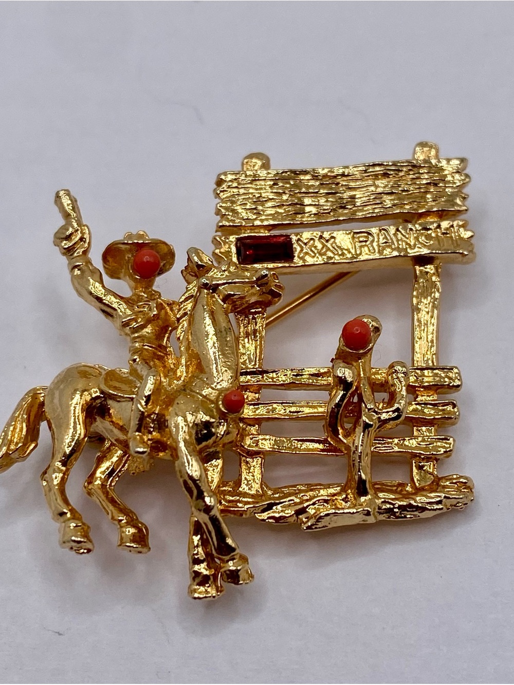 Vintage inspired Gold Western Cowboy on Horse Brooch with Red Accents/Rodeo